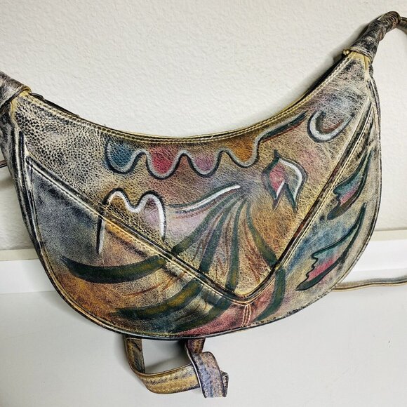 Vintage BOTARY 1980s Hand Painted Genuine Leather Shoulder Bag Art Deco - Picture 5 of 10
